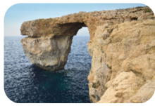 * Coastal erosional landform
* Significantly eroded cave
* Defined offshore headland still connected onshore by a top platform

\
