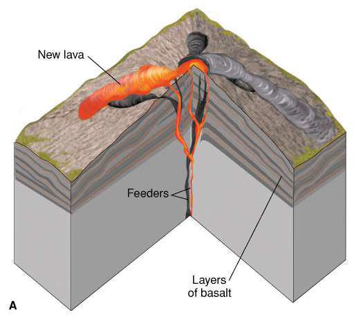 <ul><li><p>Shield volcanoes</p></li><li><p>Mafic magma</p></li><li><p>Lower volcanos, wide-reaching flows (lower viscosity magma)</p></li><li><p>e.g., erte ale volcano</p></li></ul><p></p>