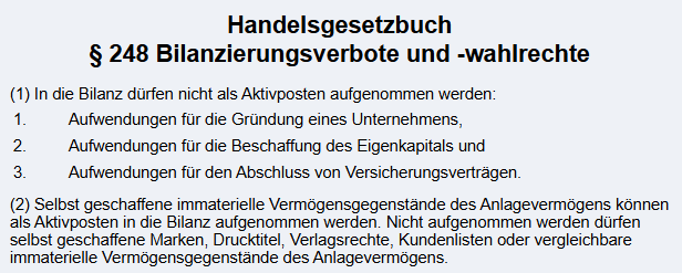 <p>§ 248 Abs. 2 S.2 HGB</p><p><span><span>Nicht aufgenommen werden dürfen selbst geschaffene Marken, Drucktitel, Verlagsrechte, Kundenlisten oder vergleichbare immaterielle Vermögensgegenstände des Anlagevermögens.</span></span></p>