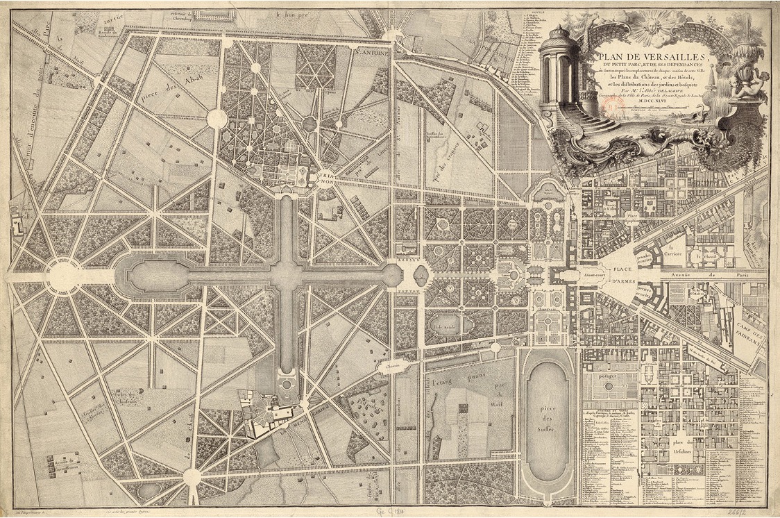 <p><span><strong>Jean Delagrive, plan of Versailles</strong>, 1746, engraving on paper, 24 × 35⅞ in. (61 × 91 cm). Bibliothèque nationale de France, Paris</span></p>