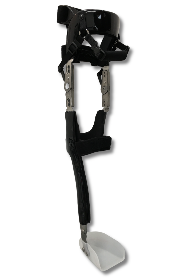 <p>has thigh and pretibial cuffs made of molded plastic. </p>
