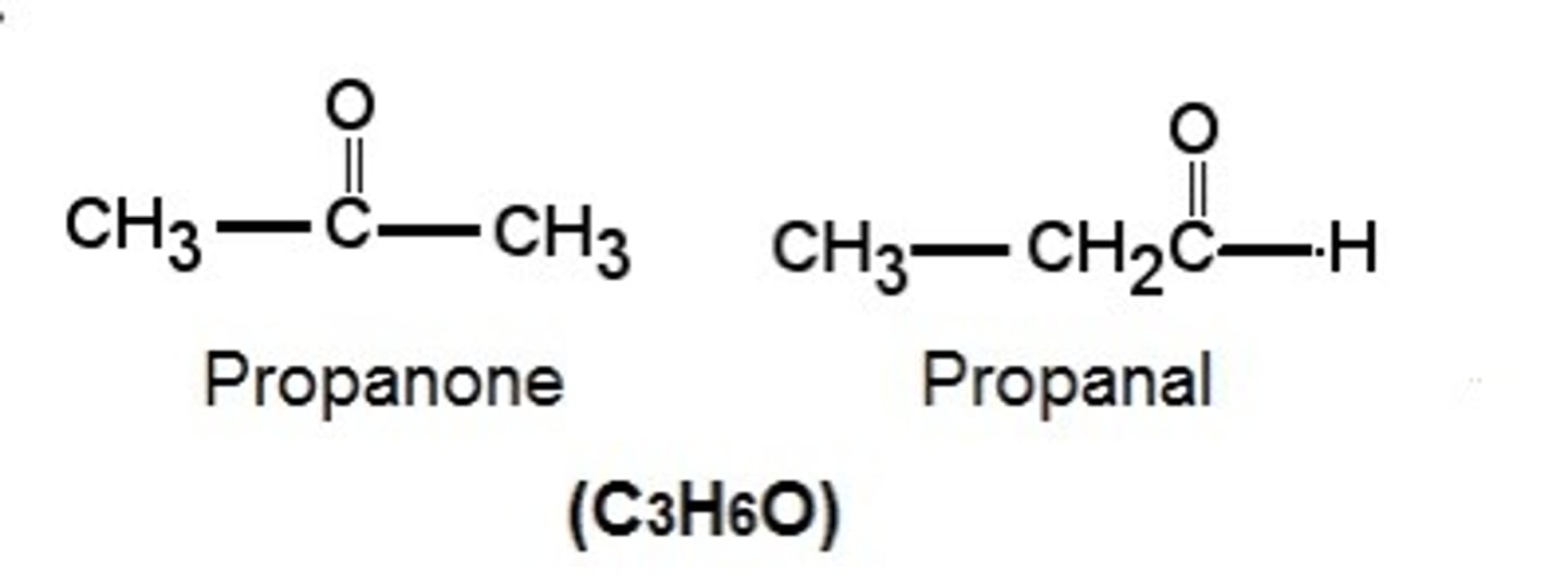 <p>A different functional group but same molecular formula</p><p>Different chemical properties</p><p>Different physical properties</p><p>Propanone and propanal</p>
