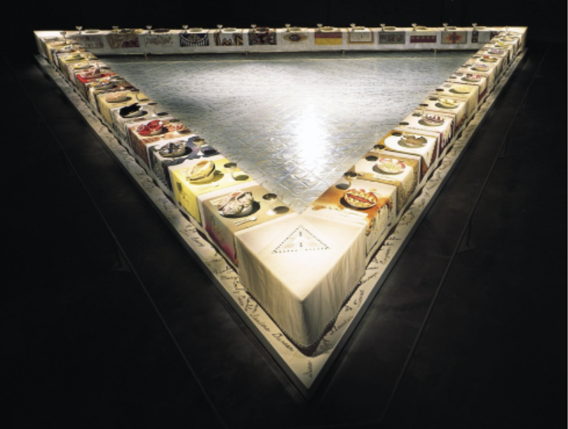 <p>feminist work</p><p>multimedia, ceramics and embroidery</p><p>@ Brooklyn Museum</p><p>have a seat for influential women, a female last supper</p><p>39 unique table settings for different accomplished women </p><p>ex: artemisia Gentilischi: </p><p>only women worked on </p>