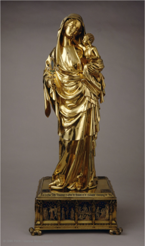 <p>Gothic- Gifted by Jeanne d&apos;Evreux (The last Capetian queen of France) to St. Denis. Displays new tradition for reliquaries- Mary is holding it inside her hand, in the Fleur de Lis (reliquary) (piece of cloth, drop of marys milk, and a hair (relics)). a singular element within her hand. the base has enamel depictions of the life of Christ. Mary is in gothic sway, baby Jesus on her hip (classic gothic pose- elongated and elegant). Mary and Jesus PATERNAL interaction- Jesus is chin-chucking Mary.</p>