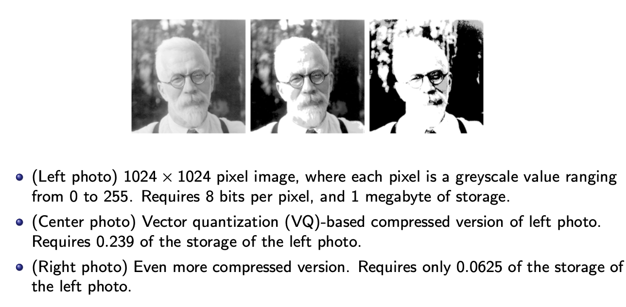 <ul><li><p>k-means algorithm is a key tool in the area of image + signal compression - particularly in vector quantisation</p><p></p></li></ul>