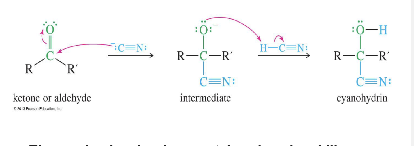 <p>Reagent</p><ul><li><p><sup>-</sup>:C≡N (Hydrogen cyanide)</p></li></ul><p>can also be seen as NaCN</p><ul><li><p>H - C≡N</p></li></ul><p>Starting product&nbsp;</p><ul><li><p>ketone</p></li><li><p>Aldehyde&nbsp;</p></li></ul><p>Mechansium&nbsp;</p><ol><li><p>The&nbsp;CN⁻ attacks the carbon of the carbonyl (C=O)</p></li><li><p>The oxygen from the carbonyl grabs a proton (H⁺) from HCN or water.</p></li></ol><p>End product:</p><ul><li><p>cyanohydrin (–OH and –CN attached to the same carbon).</p></li></ul><p></p>