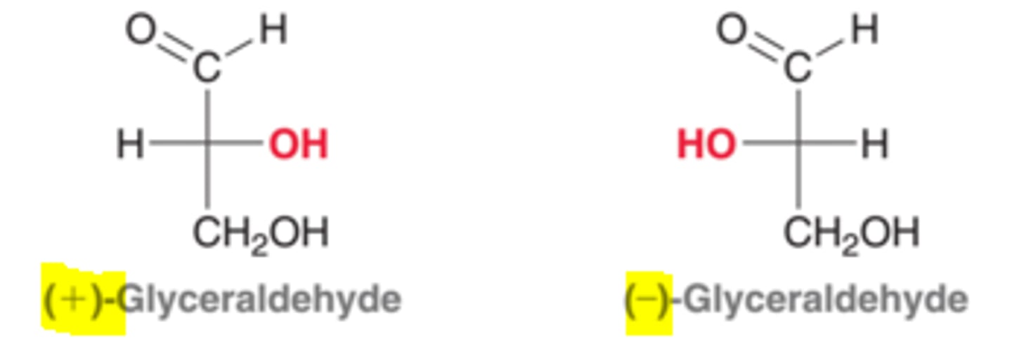 <p>1. Dextrorotatory (+) = "right"<br>2. Levorotatory (-) = "left"</p>