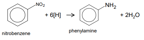 <p>Reagent - <mark data-color="yellow" style="background-color: yellow; color: inherit">Sn (tin catalyst) and conc. HCl/ Fe and conc. HCl</mark></p><p>Conditions - <mark data-color="yellow" style="background-color: yellow; color: inherit">heating</mark></p><p>Mechanism - <mark data-color="yellow" style="background-color: yellow; color: inherit">reduction</mark></p><p><em>As the reaction is carried out in HCl the ionic salt C6H5NH3+Cl- will be formed. Reacting this salt with <mark data-color="yellow" style="background-color: yellow; color: inherit">NaOH</mark> will give phenylamine.</em></p>