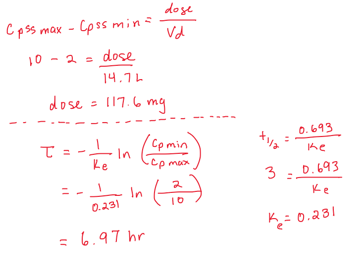 <p>dose= 117.6 mg</p><p>tau= 6.97 hr</p>
