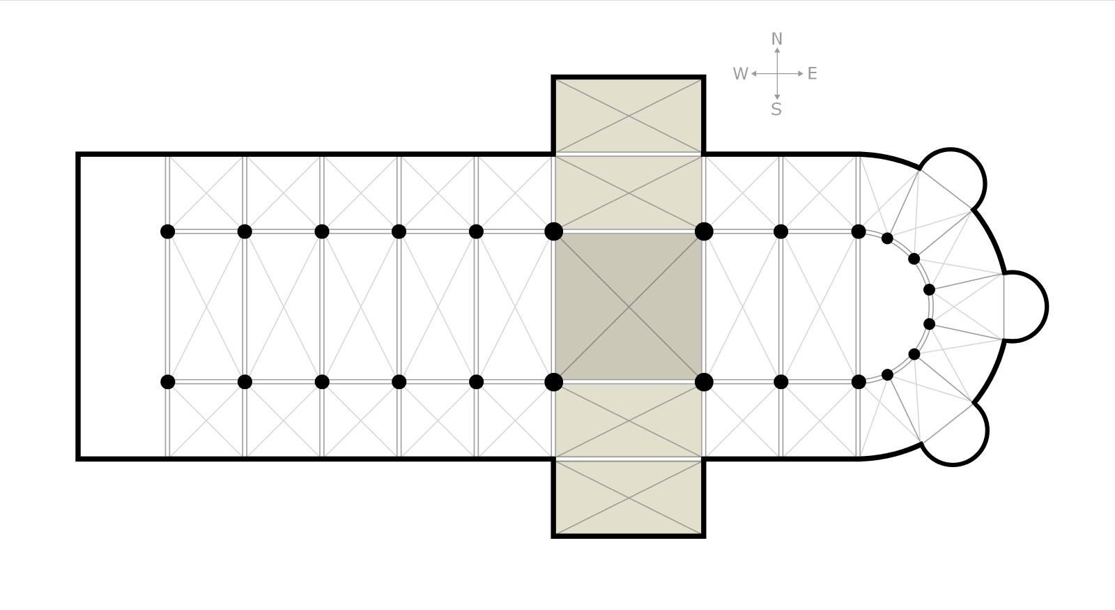 <p><span>The "arms" of a cross-shaped church plan. They cross the nave at a right angle, creating the <strong>Cruciform</strong> (cross) shape</span></p>