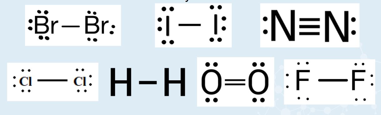 <ul><li><p><span><strong>Br<sub>2</sub>, I<sub>2</sub>, N<sub>2</sub>, Cl<sub>2</sub>, H<sub>2</sub>, O<sub>2</sub>, F<sub>2</sub></strong></span></p><ul><li><p><span>Come in pairs</span></p></li><li><p><span>More stable this way</span></p></li></ul></li></ul><p></p>