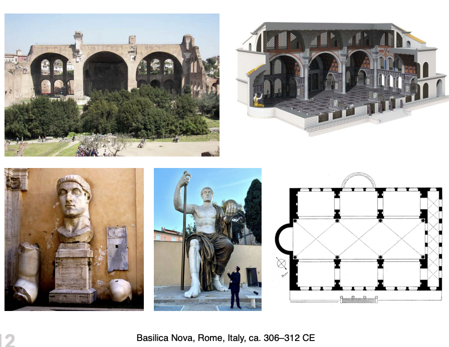 <p>Loc. : Rome, Italy</p><p>Date: ca. 300 CE</p><p>Cultural origin: Early Christian Italy</p><p>Structure:</p><ul><li><p><span style="background-color: transparent;"><span>longitudinal or basilica plan</span></span></p></li><li><p><span style="background-color: transparent;"><span>contained spolia</span></span></p></li><li><p><strong><span>Plan</span></strong><span>: A rectangular building with a large central nave and side aisles, typical of basilicas, but with unique vaulted roofing.</span></p></li></ul><p>Significance:</p><ul><li><p>Contains Colossus of Constantine and the Portrait of Constantine.</p></li><li><p><span>The Basilica Nova's design was foundational for medieval cathedrals and basilicas across Europe</span></p></li><li><p><strong><span>Purpose</span></strong><span>: Built as a public space for government, court, and meetings, demonstrating imperial power. Transitioned to churches later on.</span></p></li></ul><p></p>