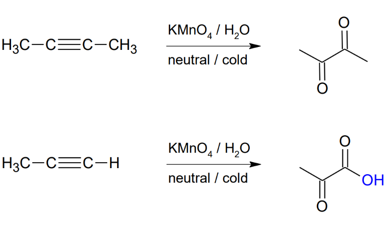 <p>*Forms vicinal</p><p> carbonyls</p><p>*further oxidizes terminal</p><p> alkynes to form</p><p> carboxylic acid.</p><p></p>