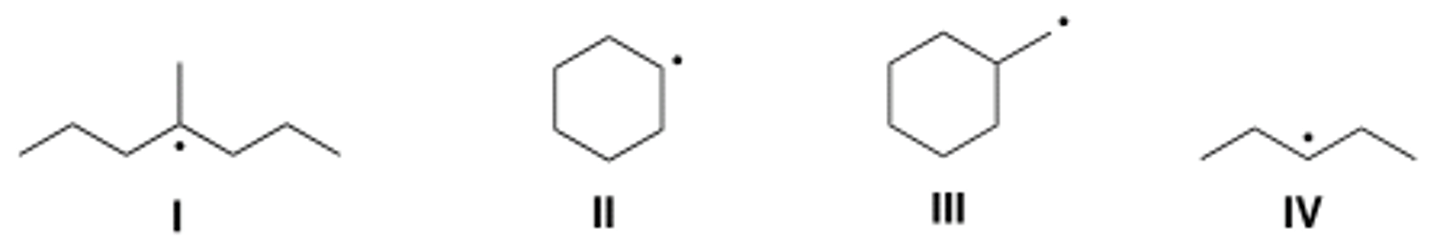 <p>Which of the following compounds contain tertiary (3°) radical carbons?</p><p>A) Only I</p><p>B) Only II</p><p>C) Only III</p><p>D) Only II and IV</p>
