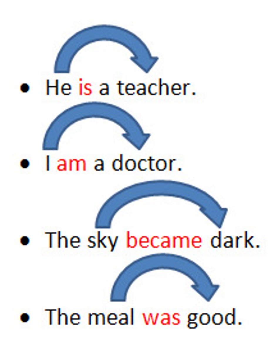 <p>A verb that connects the subject to the predicate and does not show an action.<br><br>Linking verbs are usually one of the five senses or the verb "to be". Remember that they cannot have a direct object.<br><br>→ She smells like a gym class in July.<br> (The linking verb "smells" connects the subject pronoun "she" to the predicate "like a gym class in July".)<br><br>→ Siva's grandmother is a bartender.<br> (The linking verb "is" connects the subject "Siva's grandmother" to the predicate "a bartender".)</p>