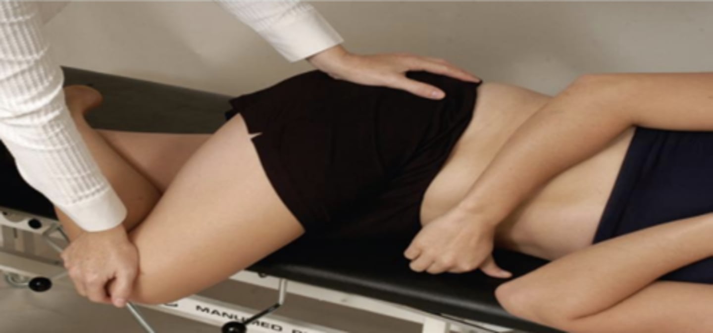<p>- piriformis syndrome</p><p>Procedure:</p><p>- The patient is in the side lying position with the test leg uppermost. The patient flexes the test hip to 60° with the knee flexed. The examiner stabilizes the hip with one hand and applies a downward pressure to the knee</p><p>(+): If the piriformis muscle is tight, pain is elicited in the muscle. If the piriformis muscle is pinching the sciatic nerve, pain results in the buttock and sciatica may be experienced by the patient</p>