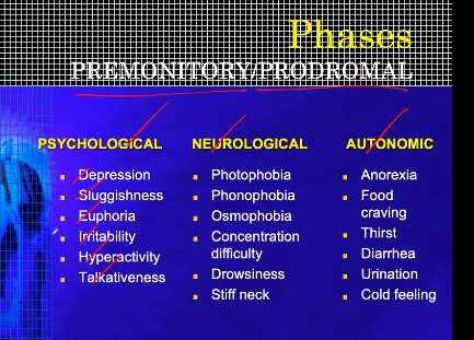 <p>Premonitory/prodromal phase</p><p>&gt; osmophobia is irritability in terms of smell</p>