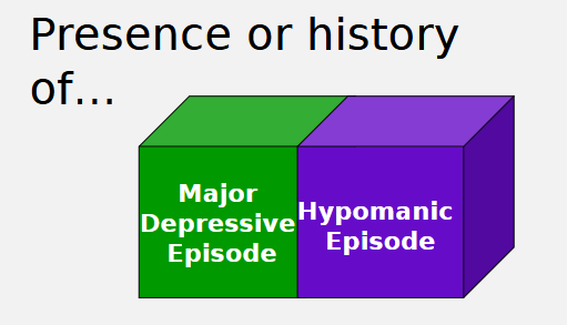 <p><mark data-color="yellow" style="background-color: yellow; color: inherit">Bipolar 2:</mark> At least 1 hypomanic episode (4+ days) AND 1 major depressive episode&nbsp;</p><ul><li><p class="Paragraph SCXW244365748 BCX8" style="text-align: left">Depression is required for this one&nbsp;&nbsp;</p></li></ul><ul><li><p>ranges from major depression to hypomania, requires a presence or history of major depressive episode and a hypomanic episode.</p></li></ul><ul><li><p>hypomania alone is not generally&nbsp;impairing&nbsp;</p></li></ul><ul><li><p class="Paragraph SCXW4436151 BCX8" style="text-align: left">Often misdiagnosed as depression - hypomanic episodes can go unrecognized&nbsp;“feeling better”</p></li><li><p>More focus on depression</p></li><li><p>Bipolar 2 = <strong>Depression + Hypomania</strong></p></li></ul><p></p>