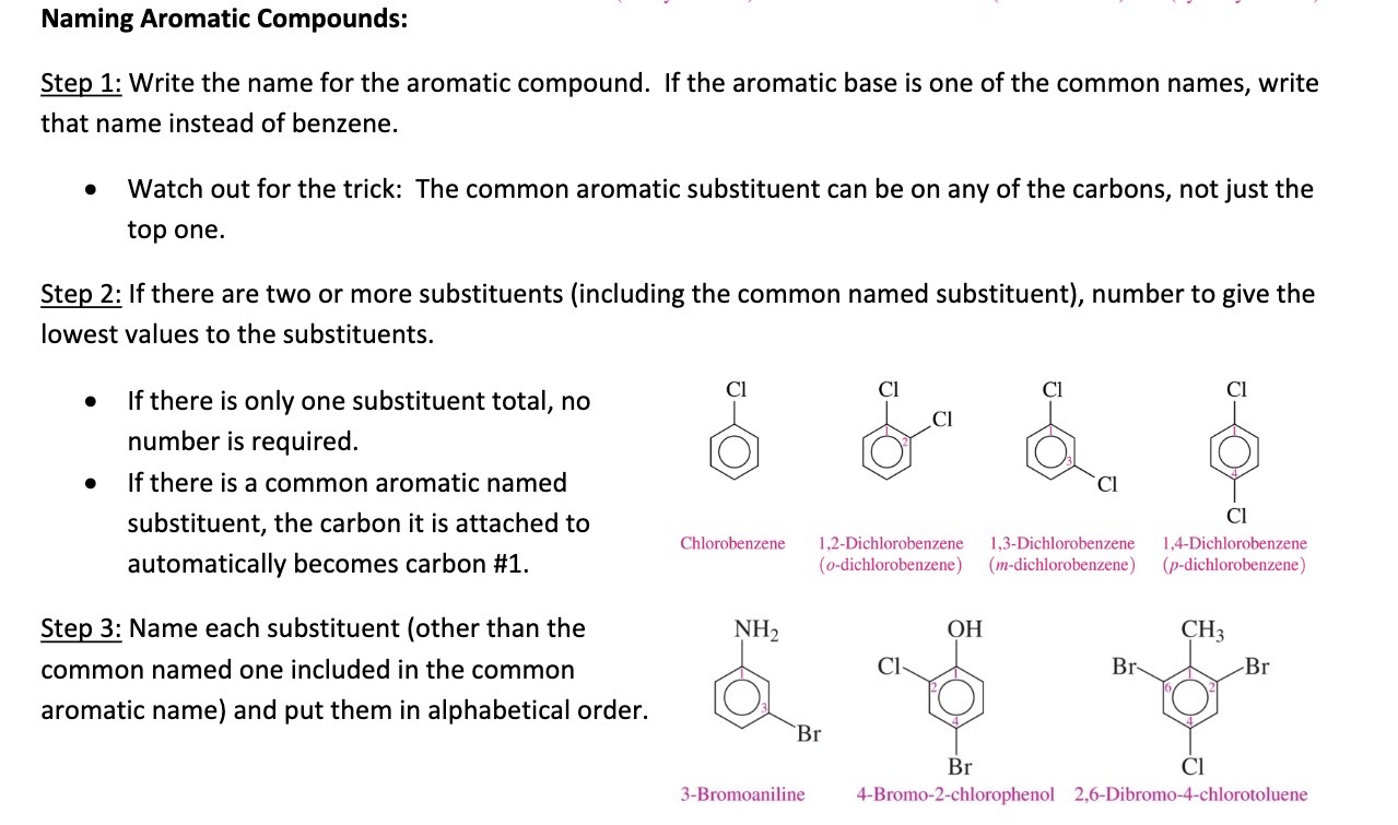 Step 1: write name for aromatic compound. aromatic base with one of the common names instead of benzene 

Step 2: if tow or more substituents, give lowest values to substituends 

Step 3: name each substituent include common and put in alphabetical order