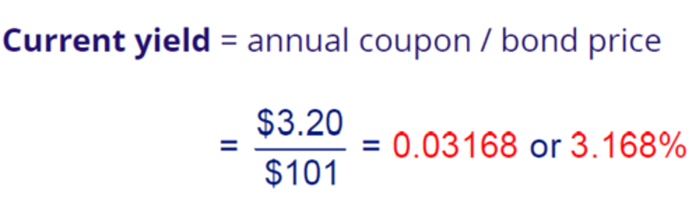 <p>Equal to the bond's annual coupon divided by the bond's price and expressed as a percentage (analogous to dividend yield for an equity security).</p><p>Has several limitations and is not as accurate as the YTM.</p><p>The denominator is the current price, not the face value.</p>