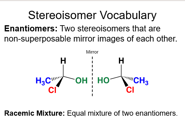 <p>A chiral molecule (molecule that cannot overlap) and you make the mirror image </p>