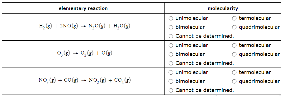 <p><span>Identify the molecularity of each elementary reaction in the table below.</span><br></p><table style="minWidth: 75px"><colgroup><col><col><col></colgroup><tbody><tr><td colspan="1" rowspan="1"><p><strong><span>elementary reaction</span></strong></p></td><td colspan="2" rowspan="1"><p><strong><span>molecularity</span></strong></p></td></tr><tr><td colspan="1" rowspan="3"><p><span>H2(</span><em><span>g) + </span></em><span>2NO(</span><em><span>g) → </span></em><span>N<sub>2</sub>O(</span><em><span>g) + </span></em><span>H<sub>2</sub>O(</span><em><span>g)</span></em></p></td><td colspan="1" rowspan="1"><ul data-type="taskList"><li data-checked="false" data-type="taskItem"><label><input type="checkbox"><span></span></label><div><p><span> unimolecular</span></p></div></li></ul></td><td colspan="1" rowspan="1"><ul data-type="taskList"><li data-checked="false" data-type="taskItem"><label><input type="checkbox"><span></span></label><div><p><span>termolecular</span></p></div></li></ul></td></tr><tr><td colspan="1" rowspan="1"><ul data-type="taskList"><li data-checked="false" data-type="taskItem"><label><input type="checkbox"><span></span></label><div><p><span> bimolecular</span></p></div></li></ul></td><td colspan="1" rowspan="1"><ul data-type="taskList"><li data-checked="false" data-type="taskItem"><label><input type="checkbox"><span></span></label><div><p><span>quadrimolecular</span></p></div></li></ul></td></tr><tr><td colspan="2" rowspan="1"><ul data-type="taskList"><li data-checked="false" data-type="taskItem"><label><input type="checkbox"><span></span></label><div><p><span>Cannot be determined.</span></p></div></li></ul></td></tr><tr><td colspan="1" rowspan="3"><p><span>O3(</span><em><span>g)</span></em><span> → O2(</span><em><span>g)+</span></em><span>O(</span><em><span>g)</span></em></p></td><td colspan="1" rowspan="1"><ul data-type="taskList"><li data-checked="false" data-type="taskItem"><label><input type="checkbox"><span></span></label><div><p><span>unimolecular</span></p></div></li></ul></td><td colspan="1" rowspan="1"><ul data-type="taskList"><li data-checked="false" data-type="taskItem"><label><input type="checkbox"><span></span></label><div><p><span>termolecular</span></p></div></li></ul></td></tr><tr><td colspan="1" rowspan="1"><ul data-type="taskList"><li data-checked="false" data-type="taskItem"><label><input type="checkbox"><span></span></label><div><p><span>bimolecular</span></p></div></li></ul></td><td colspan="1" rowspan="1"><ul data-type="taskList"><li data-checked="false" data-type="taskItem"><label><input type="checkbox"><span></span></label><div><p><span>quadrimolecular</span></p></div></li></ul></td></tr><tr><td colspan="2" rowspan="1"><ul data-type="taskList"><li data-checked="false" data-type="taskItem"><label><input type="checkbox"><span></span></label><div><p><span>Cannot be determined.</span></p></div></li></ul></td></tr><tr><td colspan="1" rowspan="3"><p><span>NO3(</span><em><span>g) + </span></em><span>CO(</span><em><span>g) → </span></em><span>NO2(</span><em><span>g) + </span></em><span>CO2(</span><em><span>g)</span></em></p></td><td colspan="1" rowspan="1"><ul data-type="taskList"><li data-checked="false" data-type="taskItem"><label><input type="checkbox"><span></span></label><div><p><span>unimolecular</span></p></div></li></ul></td><td colspan="1" rowspan="1"><ul data-type="taskList"><li data-checked="false" data-type="taskItem"><label><input type="checkbox"><span></span></label><div><p><span>termolecular</span></p></div></li></ul></td></tr><tr><td colspan="1" rowspan="1"><ul data-type="taskList"><li data-checked="false" data-type="taskItem"><label><input type="checkbox"><span></span></label><div><p><span>bimolecular</span></p></div></li></ul></td><td colspan="1" rowspan="1"><ul data-type="taskList"><li data-checked="false" data-type="taskItem"><label><input type="checkbox"><span></span></label><div><p><span>quadrimolecular</span></p></div></li></ul></td></tr><tr><td colspan="2" rowspan="1"><ul data-type="taskList"><li data-checked="false" data-type="taskItem"><label><input type="checkbox"><span></span></label><div><p><span>Cannot be determined.</span></p></div></li></ul></td></tr></tbody></table><p><br></p>