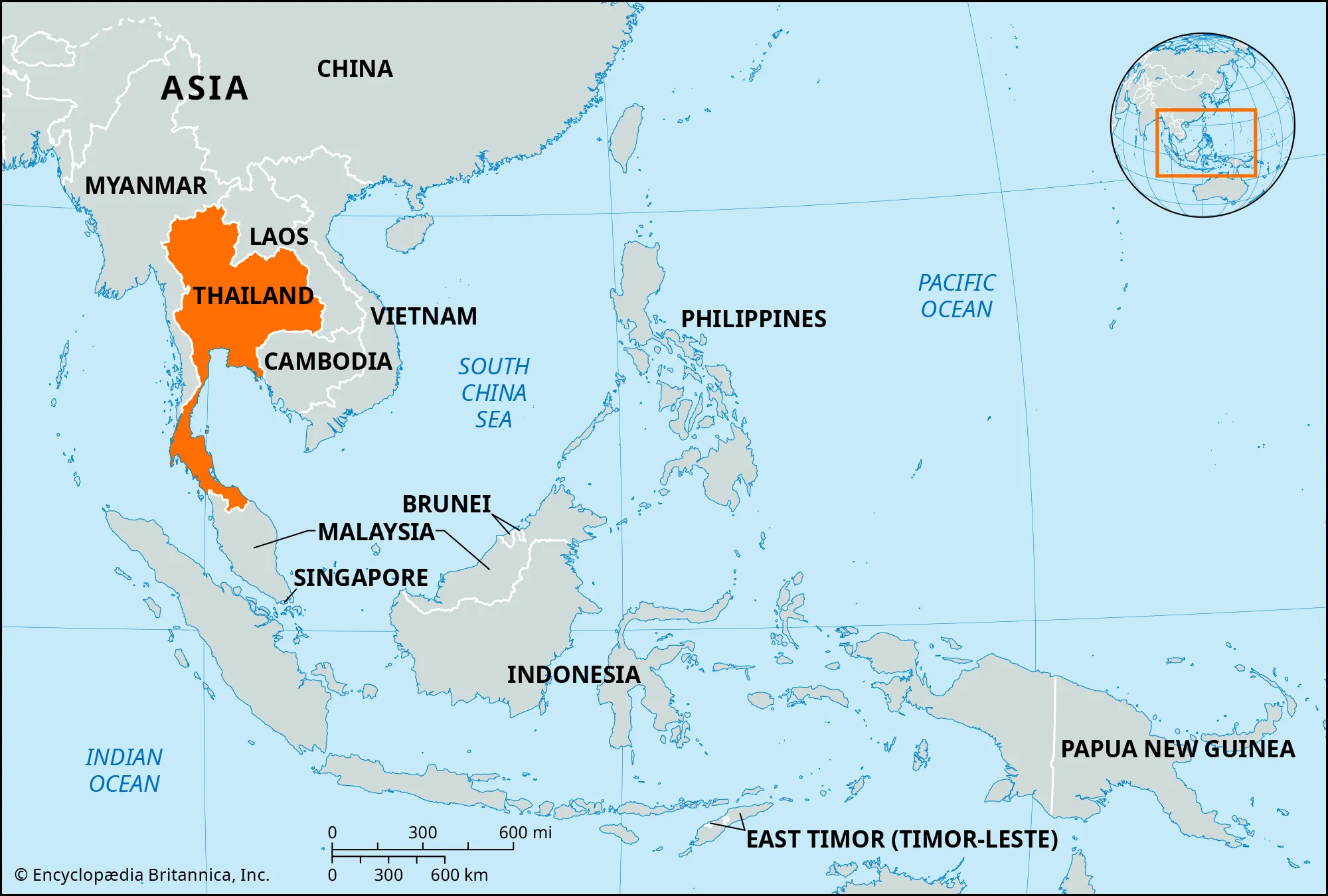 <p>bordered to the northwest by Myanmar, to the northeast and east by Laos, to the southeast by Cambodia, to the south by the Gulf of Thailand and Malaysia</p>
