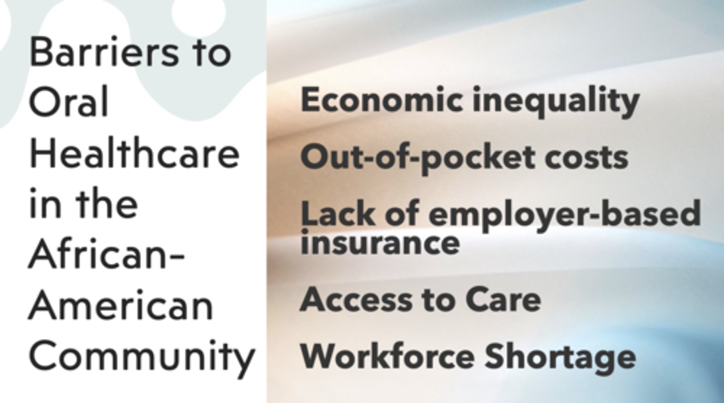 <p>- Economic inequality</p><p>- Out-of-pocket costs</p><p>- Lack of employer-based insurance</p><p>- Access to Care</p><p>- Workforce Shortage</p>