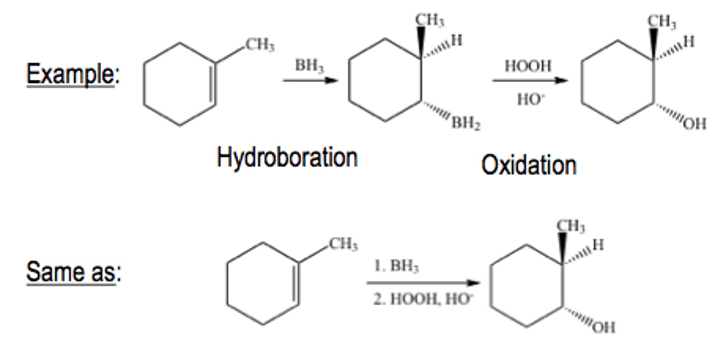 <p>Non-Markovnikov hydration of an alkene; i.e., the OH group is added to the less substituted carbon</p><p>Occurs without rearrangement</p><p>Involves the cis-addition of H-OH</p>
