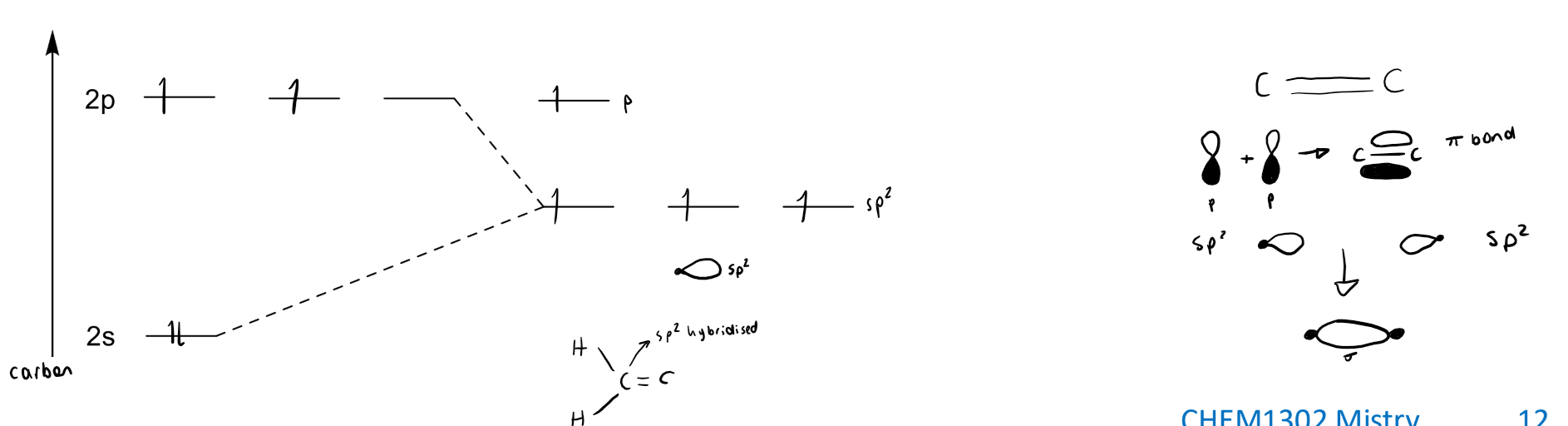 <p>the s orbital and 2 of the p orbtials become hybridised to have 1/3 s orbital and 2/3 p orbital character. the 3rd p orbital stays at its original energy. this allows for 2 sigma bonds and 1 pi bond (from the p orbital that doesnt hybridise which overlaps with the same p orbital of another atom).</p>