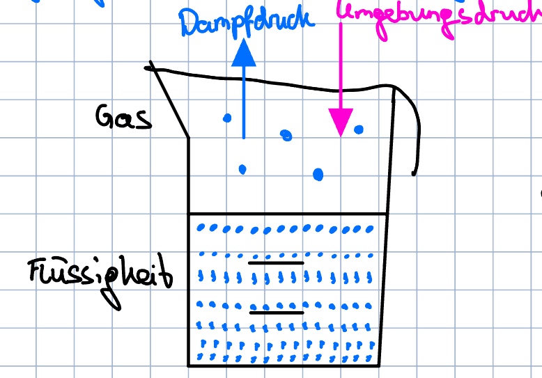 <ul><li><p>Teilchen bewegen sich in Abhängigkeit der Temp.</p></li><li><p>Gleichgewicht <strong>Gasphase / Flüssige Phase → Dampfdruck</strong></p></li><li><p>Siedepunkt: <strong>Dampfdruck </strong>= <strong>Umgebungsdruck</strong></p></li></ul><p></p>