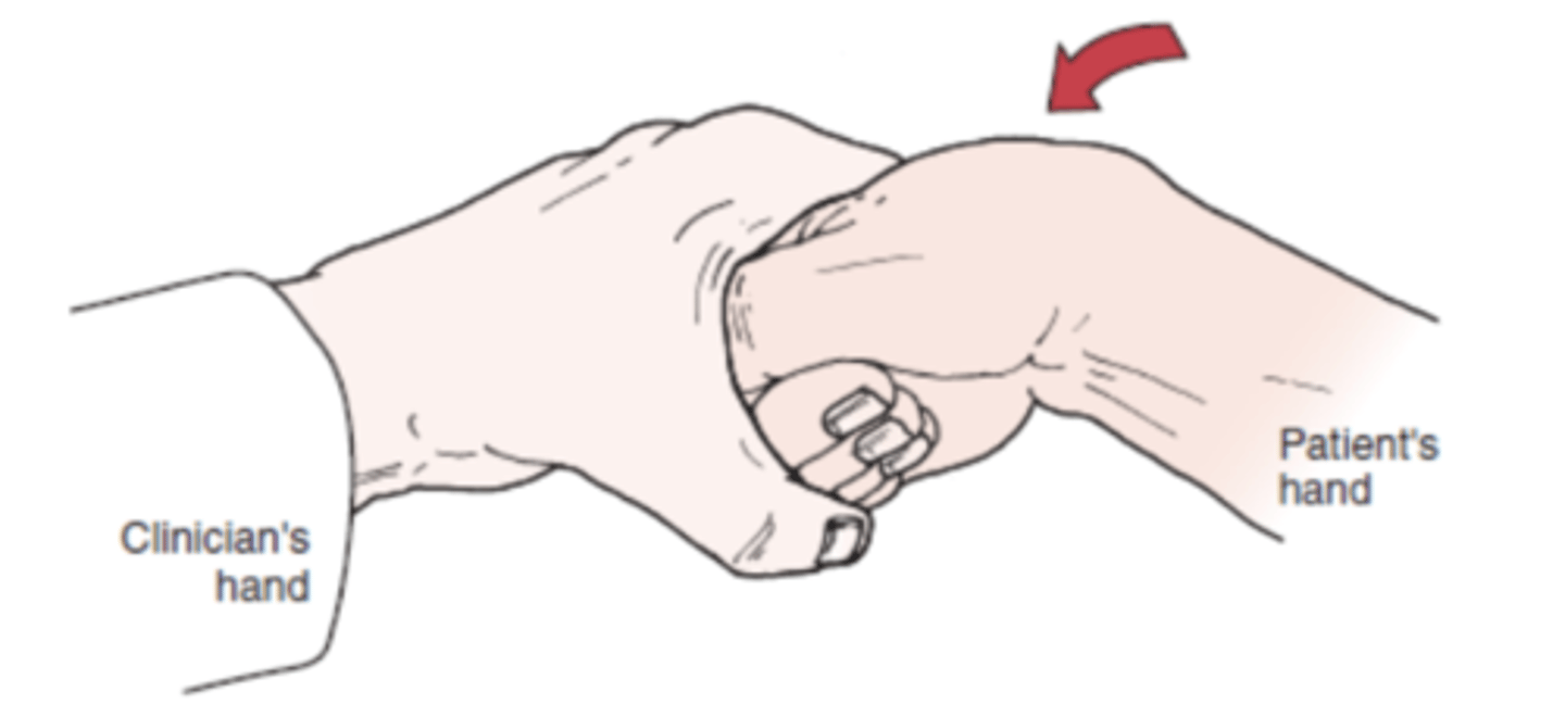 <p>- De Quervain's disease (paratenonitis in the thumb)</p><p>- muscle bellies of extensor pollicis brevis and abductor pollicis longus</p><p>- description: pt makes a fist with the thumb inside the fingers. the PT stabilizes forearm and deviates the wrist toward the ulnar side.</p><p>(+): pain over abductor pollicis longus and extensor pollicis brevis tendons at the wrist and is indicative of a paratenonitis of these two tendons.</p>