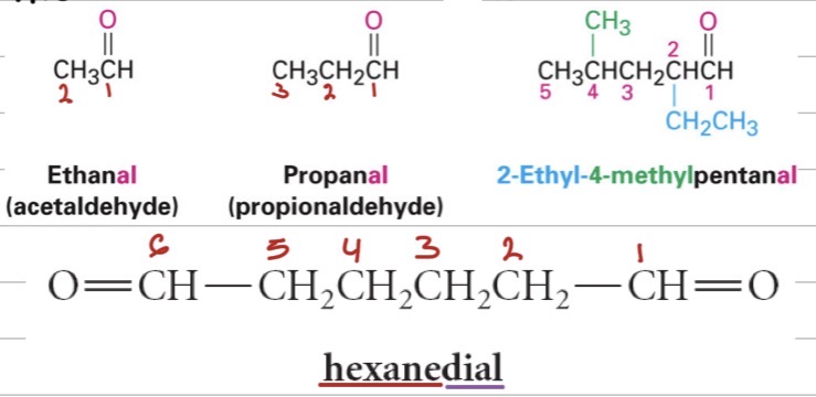 <ul><li><p>–CHO group</p></li><li><p>C1</p></li><li><p>-al,&nbsp;ethanal</p></li><li><p>–carbaldehyde</p></li><li><p>Greek prefixes (di-, tri-) and keep the “-e.”</p></li></ul><p>“aldehyde” (e.g., formaldehyde, acetaldehyde).</p>