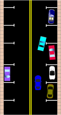 9\. By looking at this picture which type of parking is the hardest to perform? (It's no longer part of behind the wheel test)

\
Angle

Perpendicular

Parallel

Handicap