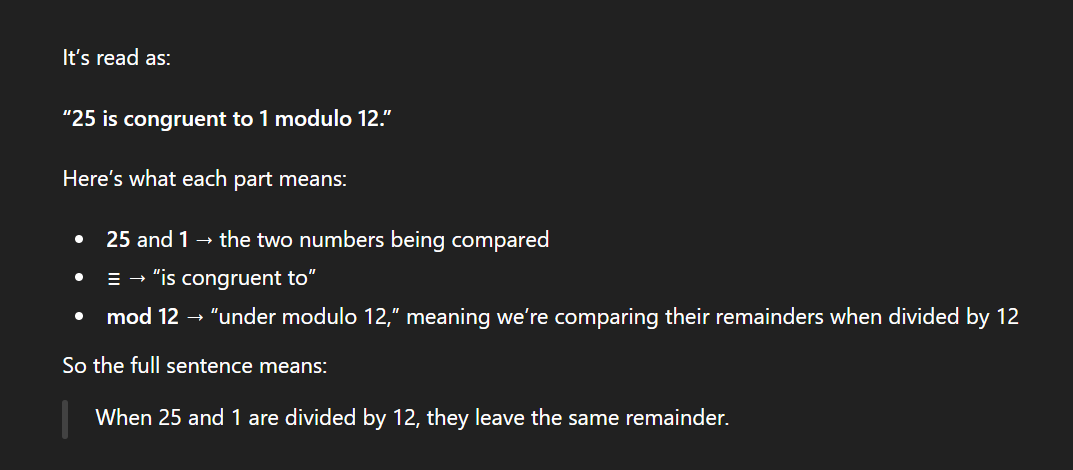 <ul><li><p>Divide 25 by 12 → <span>25÷12 = 2</span> remainder <strong>1</strong></p></li><li><p>Divide 1 by 12 → <span>1÷12 = 0</span> remainder <strong>1</strong></p></li></ul><p></p>
