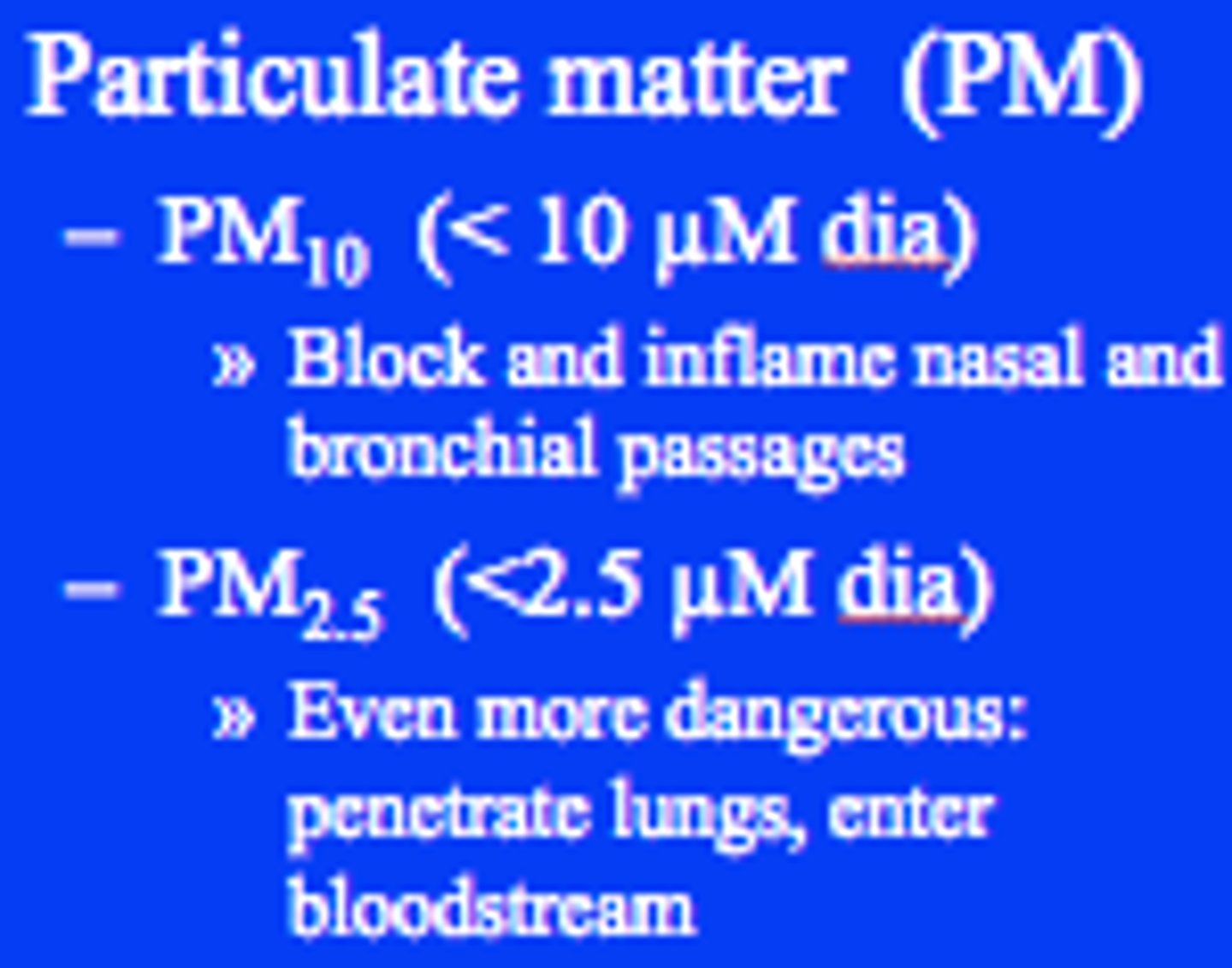 <p>a. Different sizes impact different areas of health.</p><p>b. PM2.5 is associated with mortality, respiratory illness, cardiovascular endpoints</p><p>c. UFP penetrates cell walls and blood brain barrier, absorbed into vital organs</p>