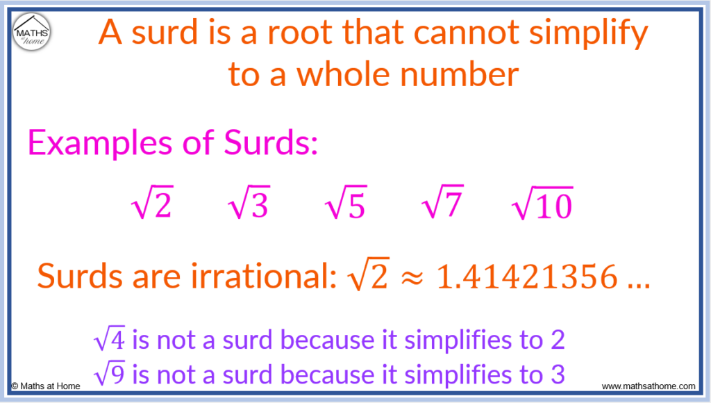 <p>Irrational numbers that involve square root (or cube root etc)</p>