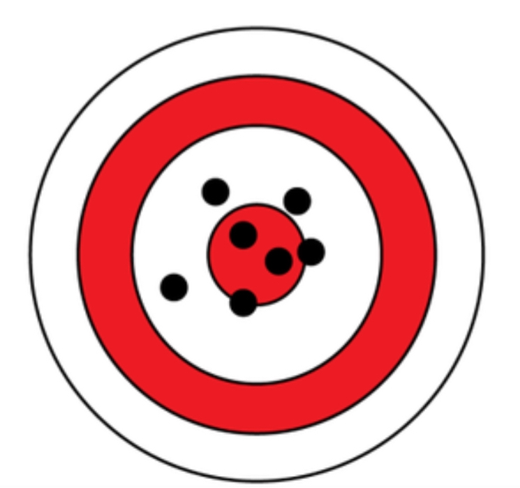 <p>How would the distribution of black dots on this target be described in terms of accuracy and precision?</p>
