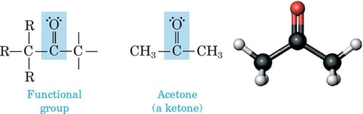 <p>Contains carbonyl group bonded to two carbons.</p>