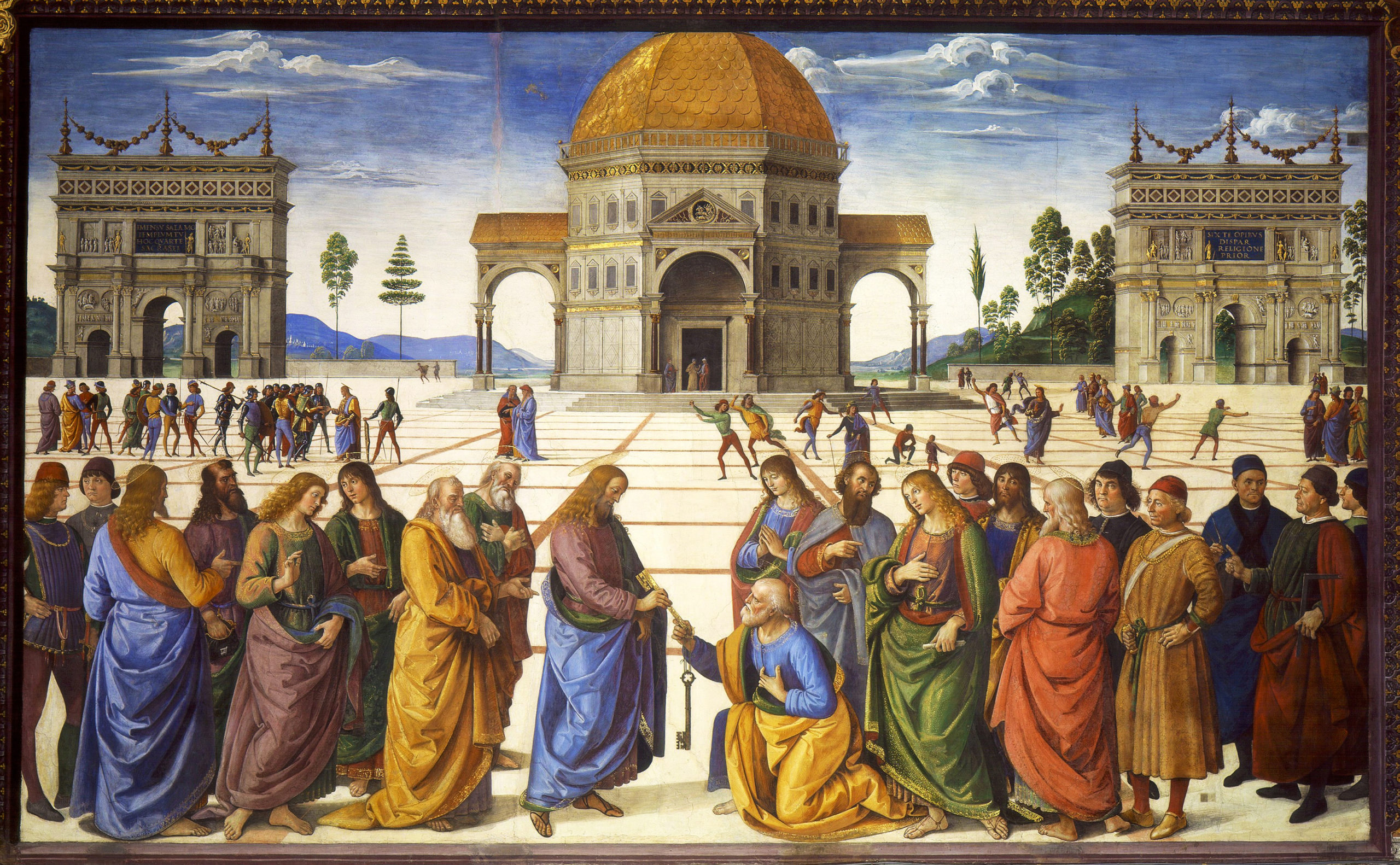 <ul><li><p>Perugino </p></li><li><p>Sistine Chapel</p></li><li><p>Vatican</p></li><li><p>1481-82</p></li><li><p>Apostolic Succession </p></li><li><p>Alberti’s ideal city (on the art of building) has a tempietto; Alberti based on vitruvius</p></li><li><p>peter depicted kneeling before christ </p></li></ul><p></p>
