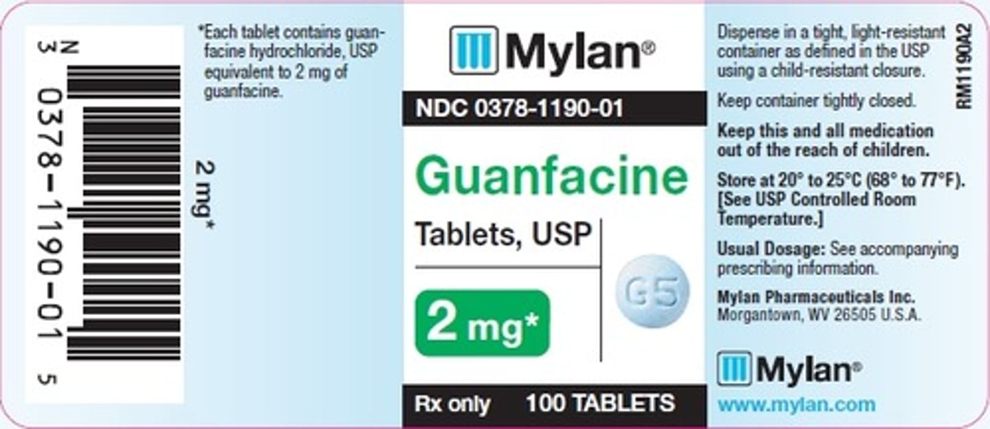 <p><strong>Brand: </strong>Tenex</p><p><strong>Class: </strong>Alpha-2 Agonist</p><p><strong>Indication: </strong>ADHD, Antihypertensive</p><p><strong>Schedule: </strong>NCLM</p>