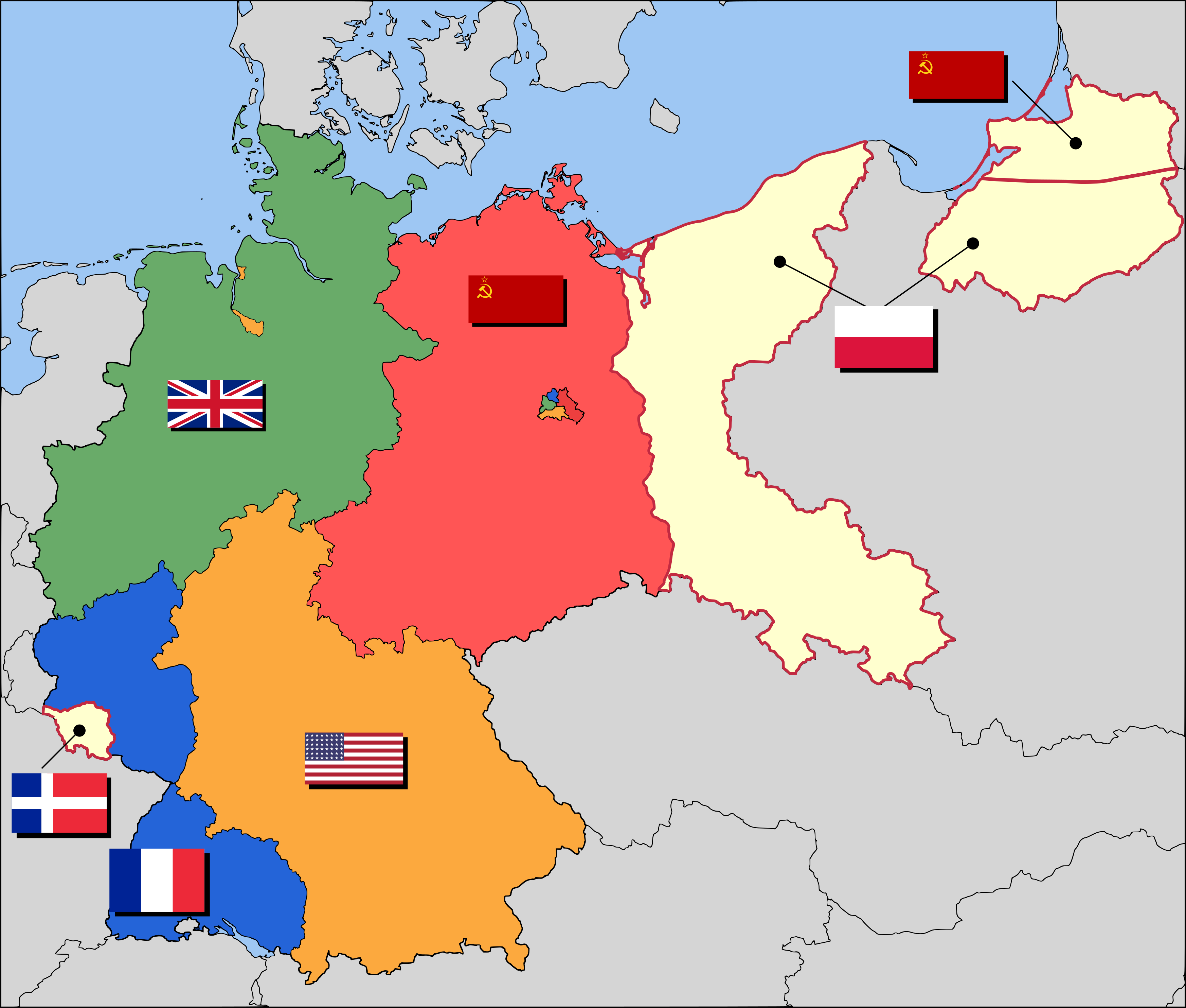 <p>West Germany: Great Britain, France, and US. East Germany: USSR. West Berlin: GB, US, FR. East Berlin: USSR. The divide was HUGE b/w communism and “free land” like you don’t understand this was crazy!!</p>