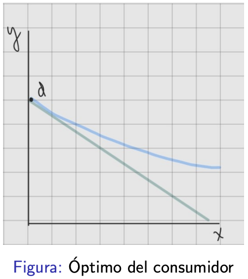 <p>Cuando la curva de indiferencia y la restricción presupuestaria sean tangentes y no se crucen. Es una solución en la que el consumidor elige solo un bien.</p>