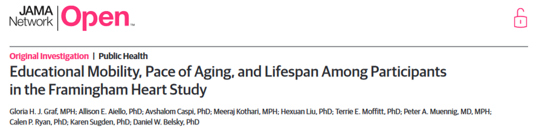 <p>•3101 participants (1652 offspring)</p><p>•more education was associated with a slower pace of biological aging and lower risk of death</p><p>•”interventions to promote educational attainment may slow the pace of biological aging to promote longevity”- educating ppl in the community can be benefical</p><p>-would not have known this if they stuck with their original cohort</p><p>*EDUCATIONAL SETTING provides you with opportunity to do PA, healthcare with university access- exposure to many opportunities are combining </p><p>*linked to biology not just subjective - telomeres get slower at a slower rate</p><p>*natural fit for studying the process of aging</p>