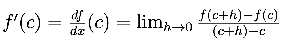 <p>Suppose f(x) is defined at least on a neighborhood around a point x=c. Then we can say that the <u>derivative</u> of f(x) at the point c (if it exists) is the limit:</p>