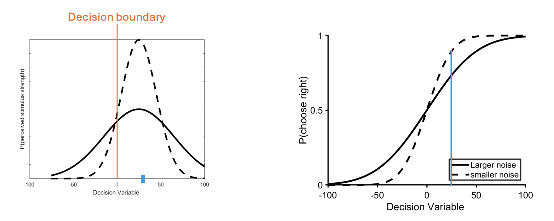 <p>for stimuli with some evidence, the low noise condition is more accurate as it is less likely that perception falls on the incorrect side of the decision boundary</p><p></p><p>area of dashed curve (less noise) to the left of boundary is smaller than area of plain curve (more noise)</p><p>accuracy is higher for low noise condition when plotting psychometric curve</p>