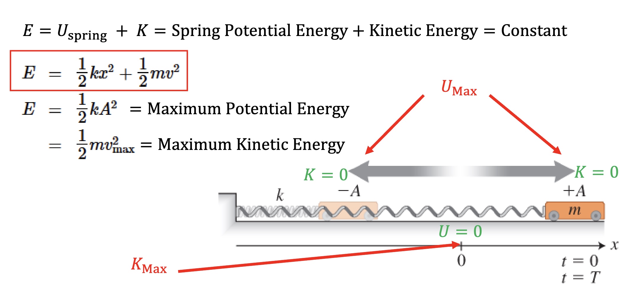 <p>-E (total mechanical energy, in Joules) is always constant</p><p><mark data-color="blue" style="background-color: blue; color: inherit;">-at equilibrium (x=0): only have kinetic energy,</mark> and where have max velocity</p><ul><li><p>in the equation: k=spring constant; x=how much the spring is compressed or stretched (displacement from equilibrium)</p></li></ul><p><mark data-color="blue" style="background-color: blue; color: inherit;">-at -A and +A: only potential energy</mark> (no KE or velocity)</p>