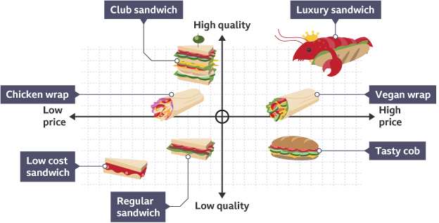 <p>A diagram that can be used to position and compare products in a market based on two variables, e.g., price and quality</p>