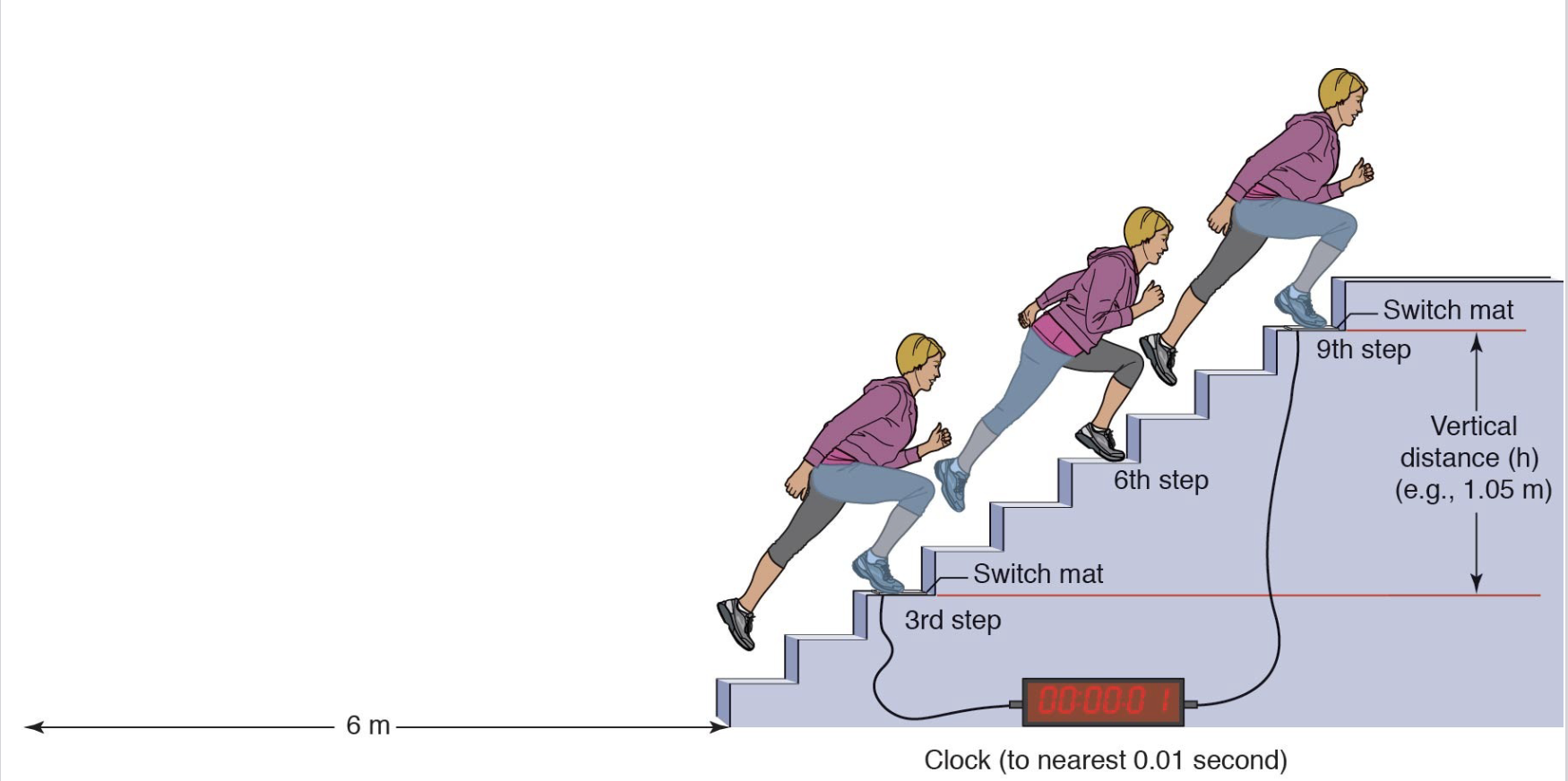 <p>_____ test (stair spring test): athlete sprints toward stairs from a standing start 20 feet (6m) from base of stairs then up staircase three steps at a time</p><p>_____ in watts is calculated as the athlete’s weight (w) in Newtons x height (h) in meters from the 3rd step to the 9th step divided by measured time interval (t) in seconds: P = (w x h) / t</p>