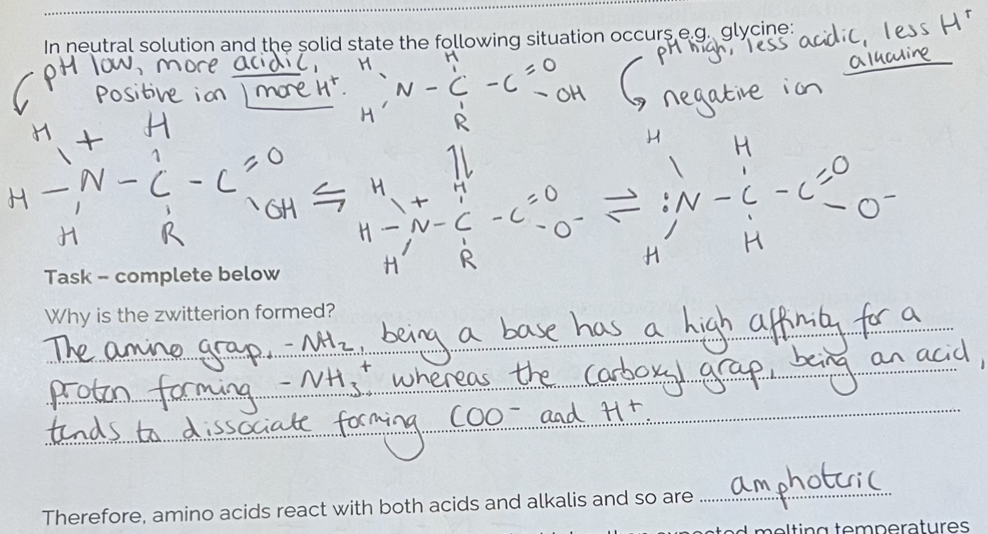 <p>A molecule that carries both a positive and negative charge. A proton from COOH can be donated to the NH2 group of the same amino acid molecule to give a zwitterion.</p>